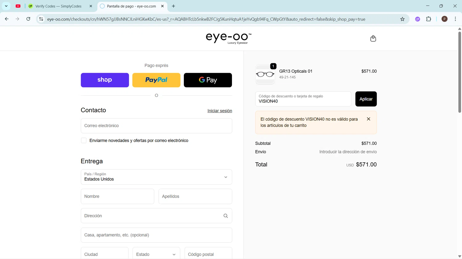 Eye-OO promo code screenshot showing code VISION40 applied at Eye-OO checkout page. Uploaded by SimplyCodes community member ShrewdPro2243 on Nov 10, 2025