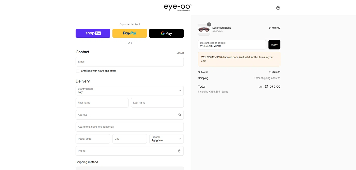 Eye-OO promo code screenshot showing code WELCOMEVIP10 applied at Eye-OO checkout page. Uploaded by SimplyCodes community member Dorothy on Jun 2, 2025