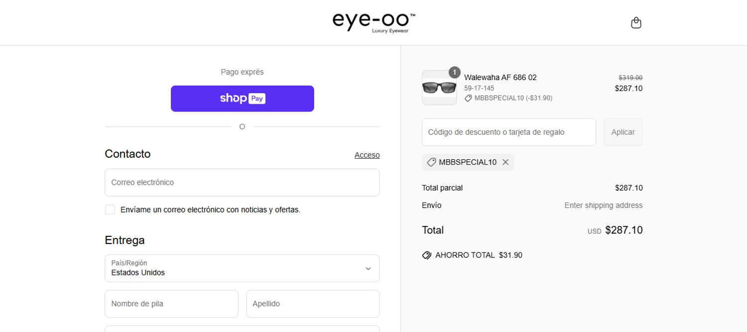 Eye-OO promo code screenshot showing code MBBSPECIAL10 applied at Eye-OO checkout page. Uploaded by SimplyCodes community member angelsalas on Jul 1, 2025