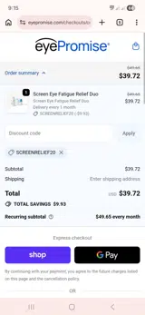 ScreenRelief20 coupon verification screenshot