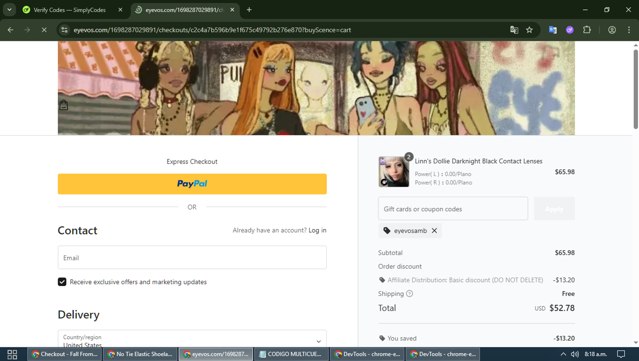 EYEVOS checkout page showing EYEVOS discount code box | Screenshot taken by SimplyCodes community member on Sep 5, 2025