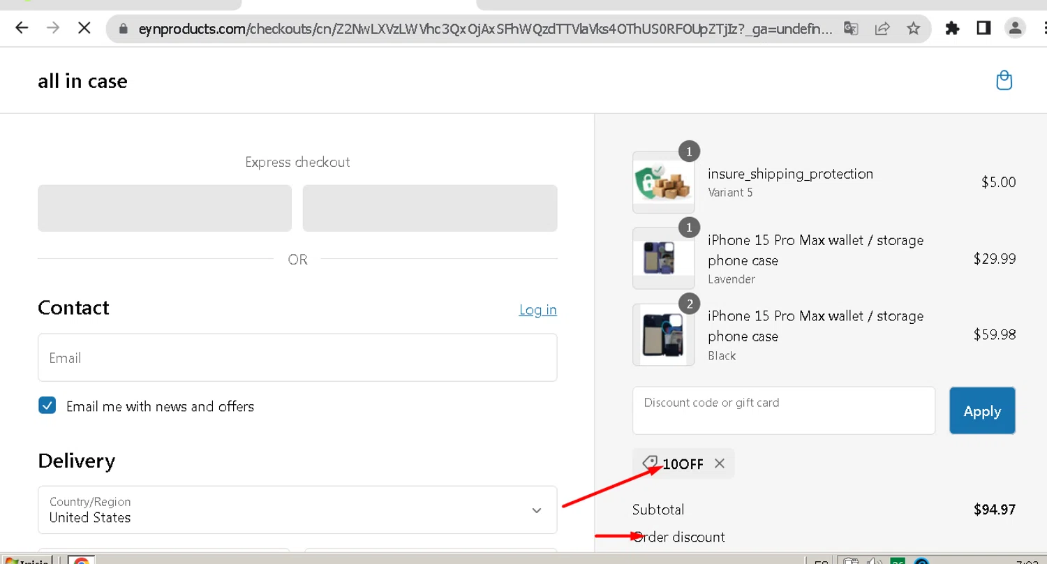 EYN Products checkout page showing EYN Products promo code box | Screenshot taken by SimplyCodes community member on May 14, 2024