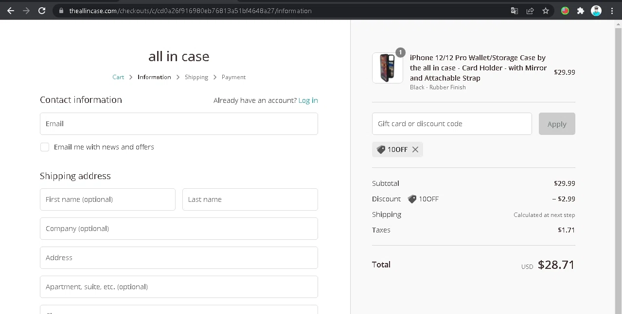 EYN Products checkout page showing EYN Products promo code box | Screenshot taken by SimplyCodes community member on Mar 18, 2022