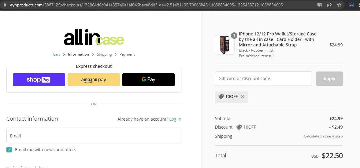 EYN Products checkout page showing EYN Products promo code box | Screenshot taken by SimplyCodes community member on Jul 26, 2022