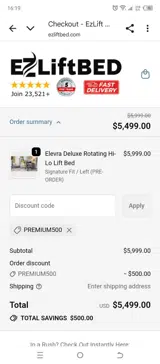 EZ Lift Bed coupon verification screenshot