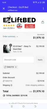 EZ Lift Bed coupon verification screenshot