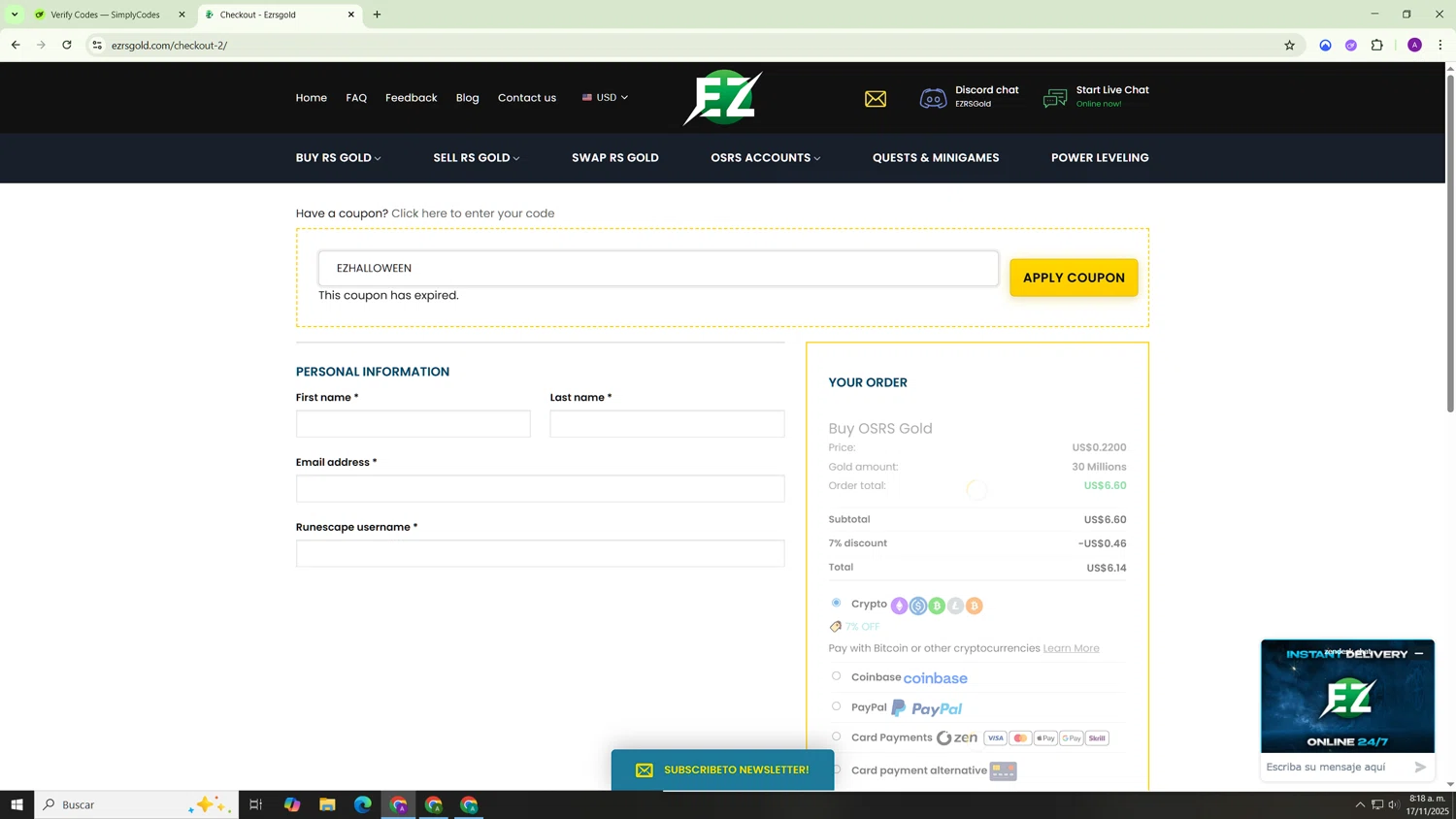 EZRSGold discount code screenshot showing code EZHALLOWEEN applied at EZRSGold checkout page. Uploaded by SimplyCodes community member Hasta_El_Final on Nov 17, 2025