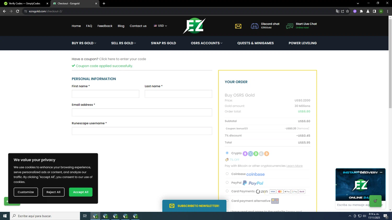 EZRSGold discount code screenshot showing code Bonus123 applied at EZRSGold checkout page. Uploaded by SimplyCodes community member MRYORMAN on Nov 17, 2025