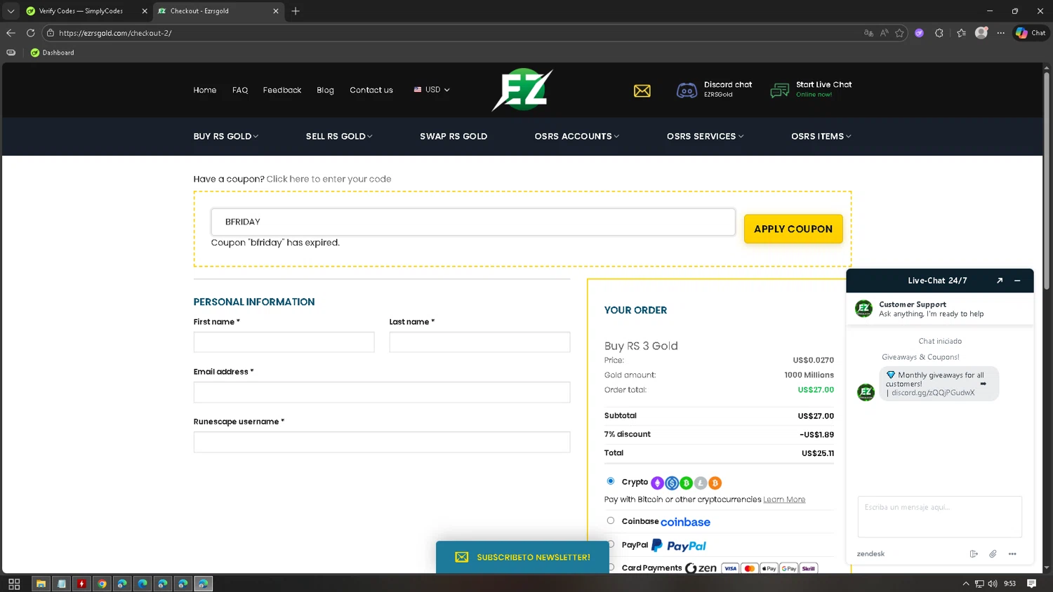 EZRSGold discount code screenshot showing code BFRIDAY applied at EZRSGold checkout page. Uploaded by SimplyCodes community member CleverKnight6759 on Jan 24, 2026