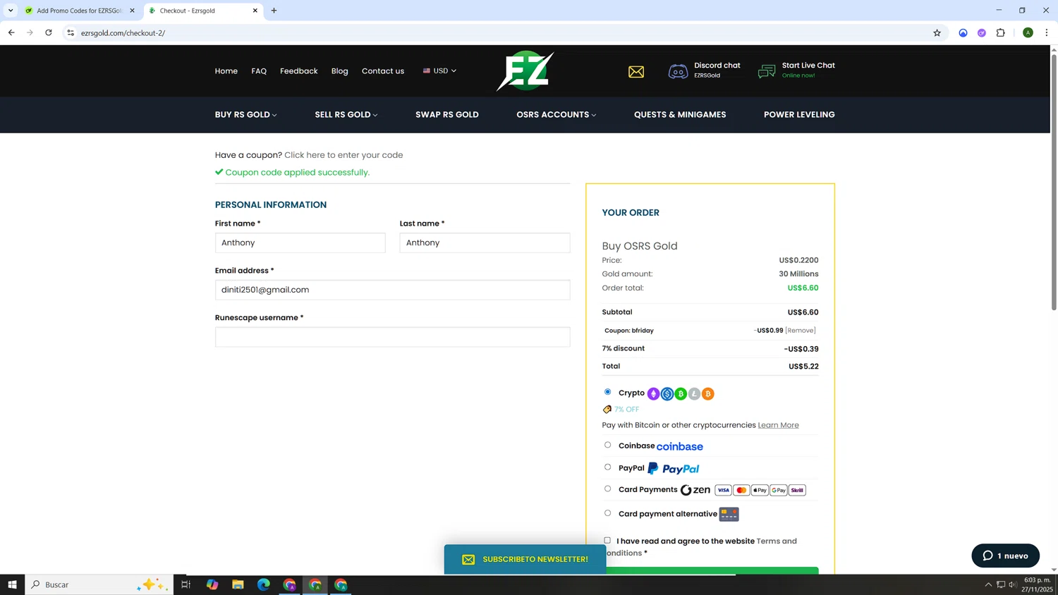 EZRSGold discount code screenshot showing code BFRIDAY applied at EZRSGold checkout page. Uploaded by SimplyCodes community member AnthonyGTX on Nov 27, 2025
