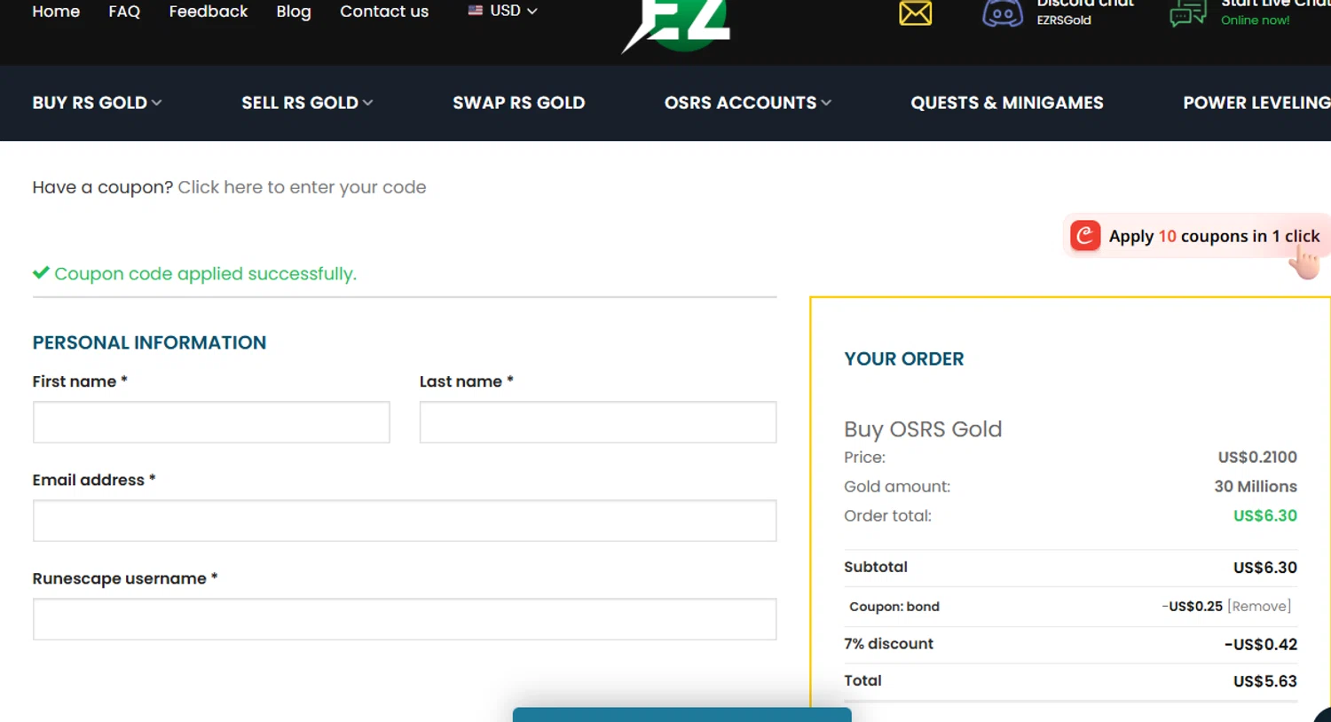 EZRSGold discount code screenshot showing code BOND applied at EZRSGold checkout page. Uploaded by SimplyCodes community member Olorinnnnn on Oct 19, 2025