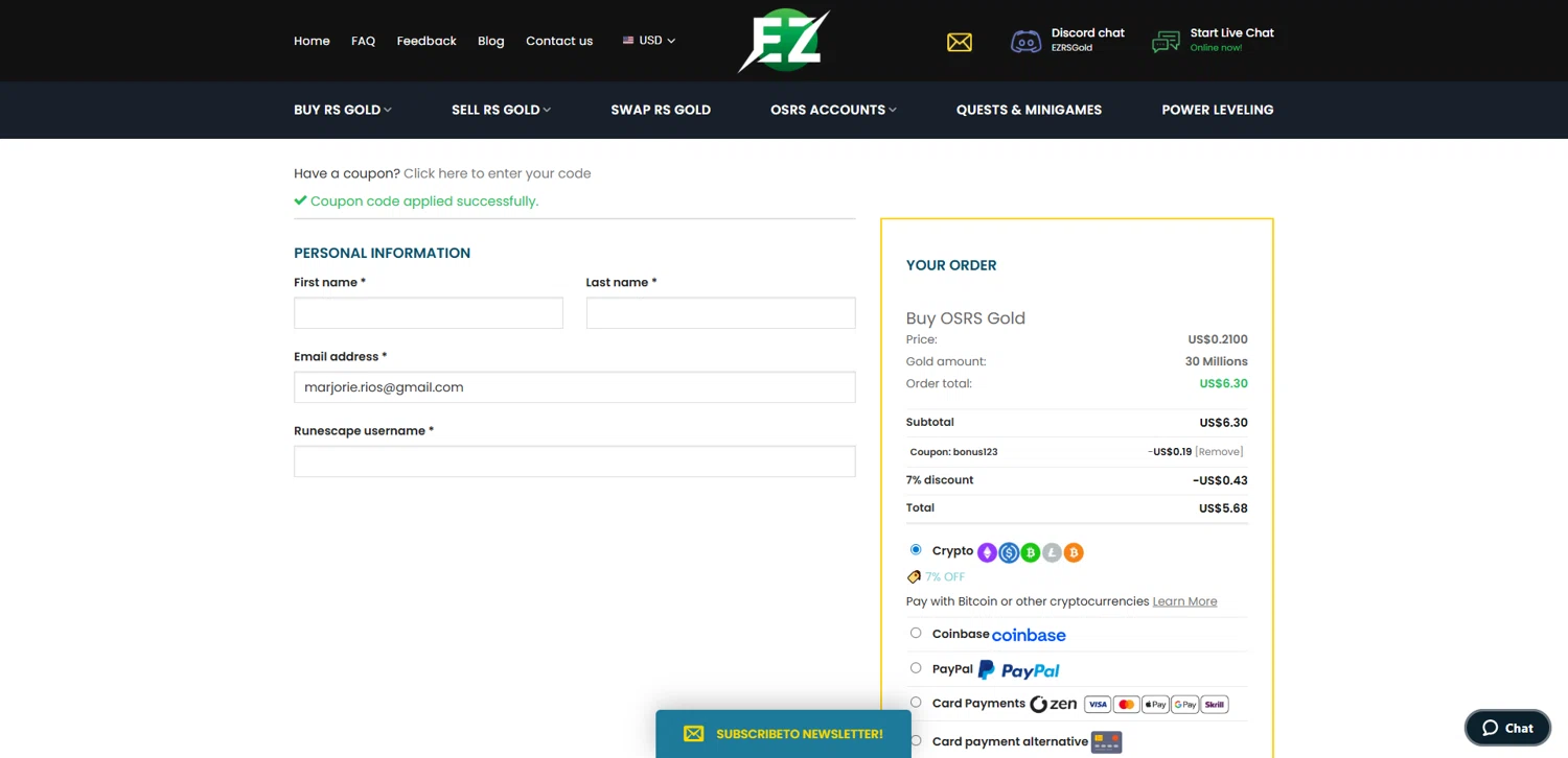 EZRSGold discount code screenshot showing code Bonus123 applied at EZRSGold checkout page. Uploaded by SimplyCodes community member pabloprieto on Oct 19, 2025