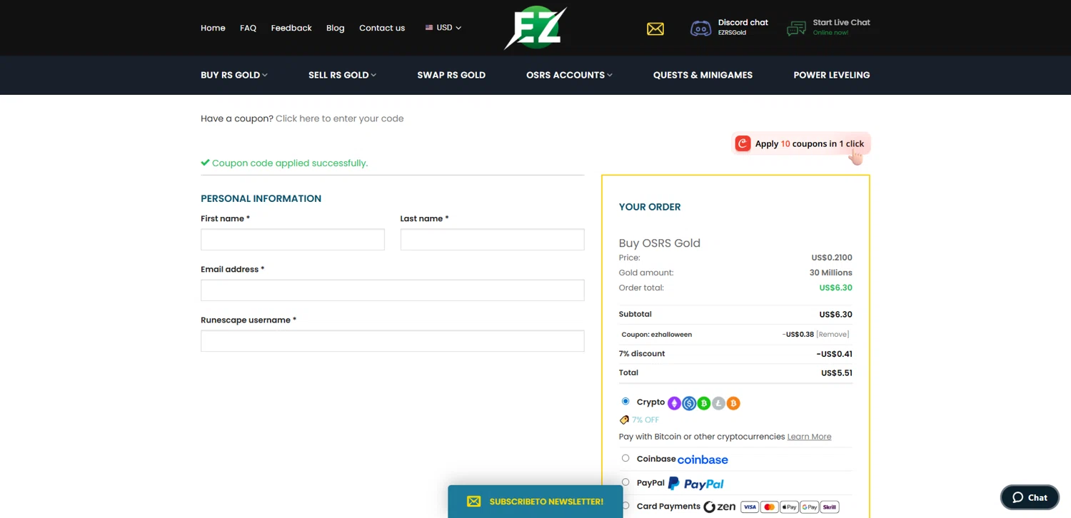 EZRSGold discount code screenshot showing code EZHALLOWEEN applied at EZRSGold checkout page. Uploaded by SimplyCodes community member pabloprieto on Oct 19, 2025