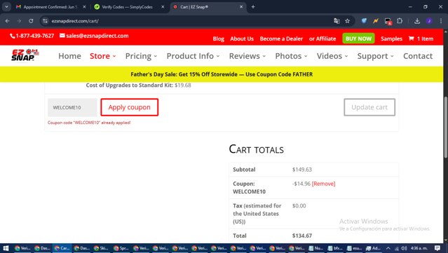 EZ Snap checkout page showing EZ Snap coupon code box | Screenshot taken by SimplyCodes community member on Jun 20, 2025