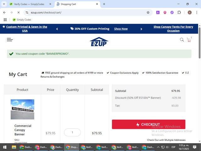 E-Z UP checkout page showing E-Z UP discount code box | Screenshot taken by SimplyCodes community member on Jul 16, 2025