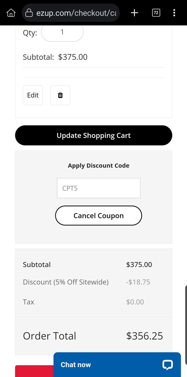 E-Z UP checkout page showing E-Z UP discount code box | Screenshot taken by SimplyCodes community member on Jul 23, 2025