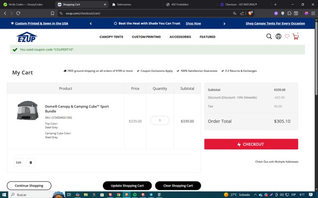 E-Z UP checkout page showing E-Z UP discount code box | Screenshot taken by SimplyCodes community member on Aug 17, 2025