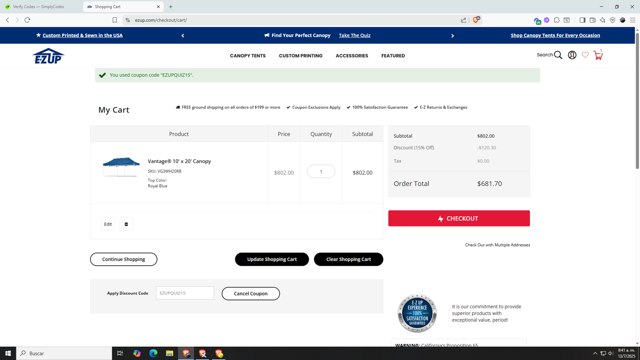 E-Z UP checkout page showing E-Z UP discount code box | Screenshot taken by SimplyCodes community member on Jul 13, 2025