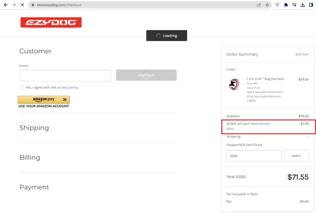 EzyDog checkout page showing EzyDog promo code box | Screenshot taken by SimplyCodes community member on Apr 23, 2023
