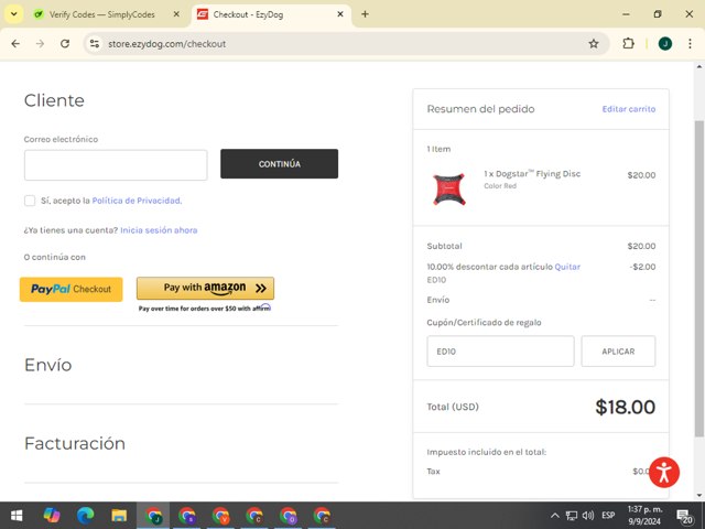 EzyDog checkout page showing EzyDog promo code box | Screenshot taken by SimplyCodes community member on Sep 9, 2024