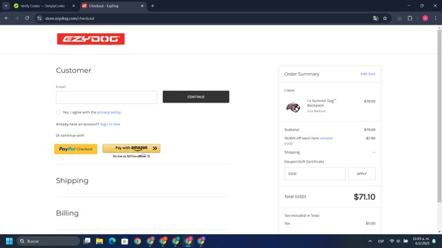 EzyDog checkout page showing EzyDog promo code box | Screenshot taken by SimplyCodes community member on Feb 6, 2025