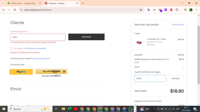 EzyDog checkout page showing EzyDog promo code box | Screenshot taken by SimplyCodes community member on Jan 13, 2025