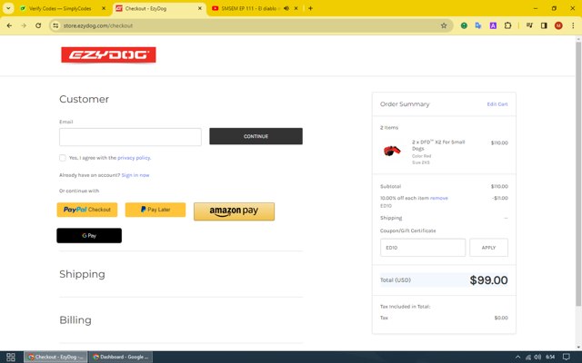 EzyDog checkout page showing EzyDog promo code box | Screenshot taken by SimplyCodes community member on Apr 11, 2024