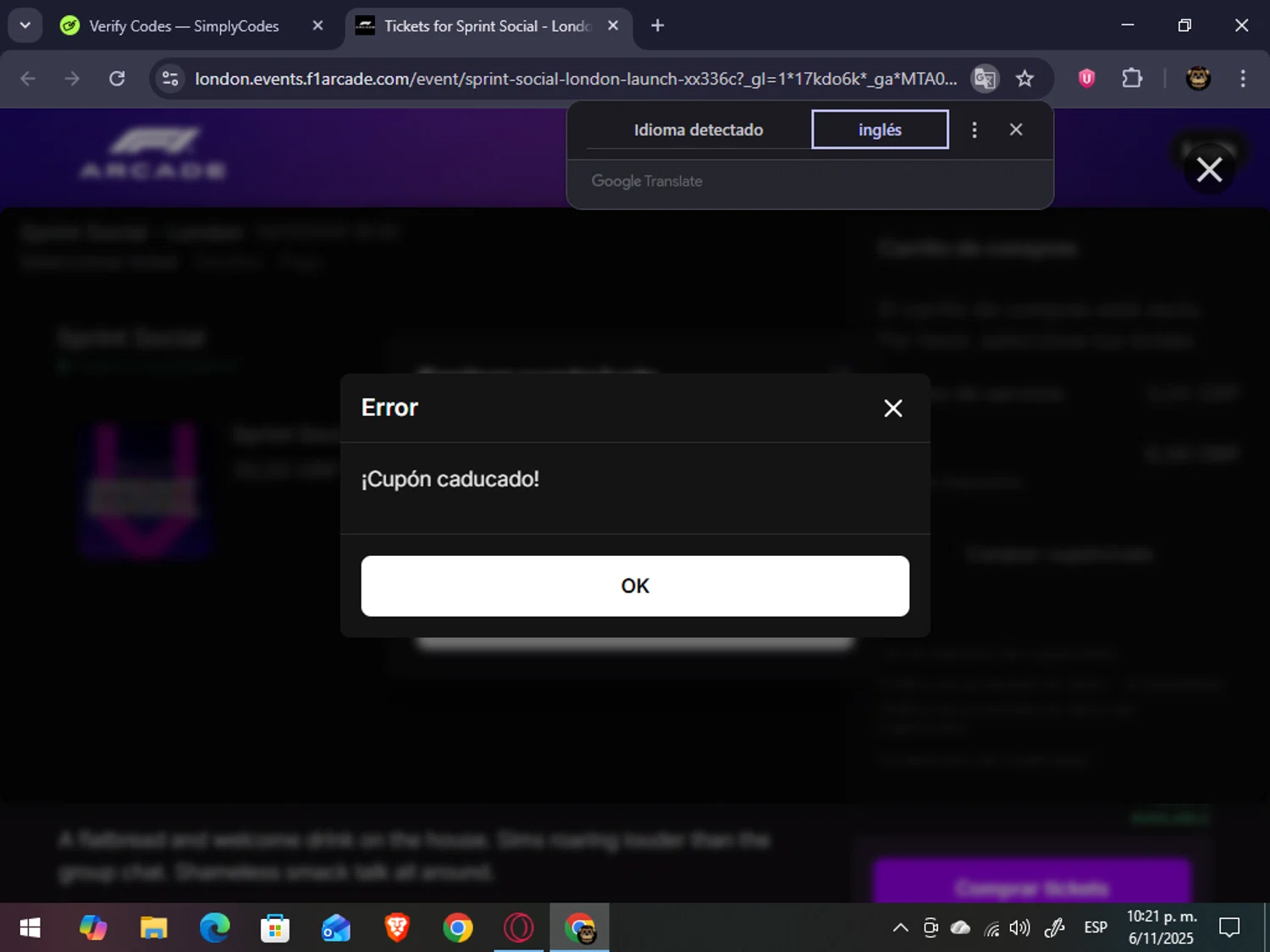 F1 Arcade promo code screenshot showing code SOCIAL25 applied at F1 Arcade checkout page. Uploaded by SimplyCodes community member abrahanv on Nov 7, 2025