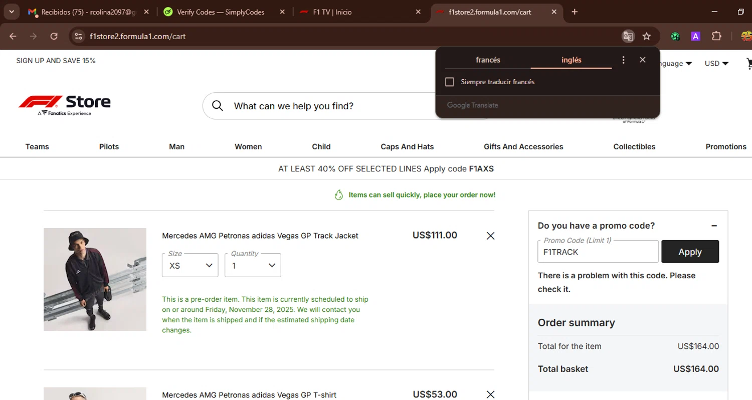 F1 TV promo code screenshot showing code F1TRACK applied at F1 TV checkout page. Uploaded by SimplyCodes community member WonderWarden594 on Nov 17, 2025