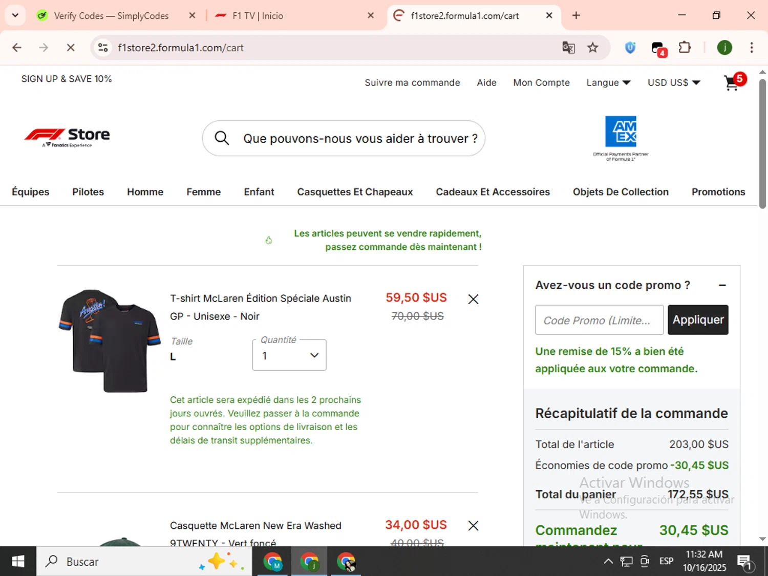 F1 TV promo code screenshot showing code F1WELCOME applied at F1 TV checkout page. Uploaded by SimplyCodes community member SavingsCollector2592 on Oct 16, 2025
