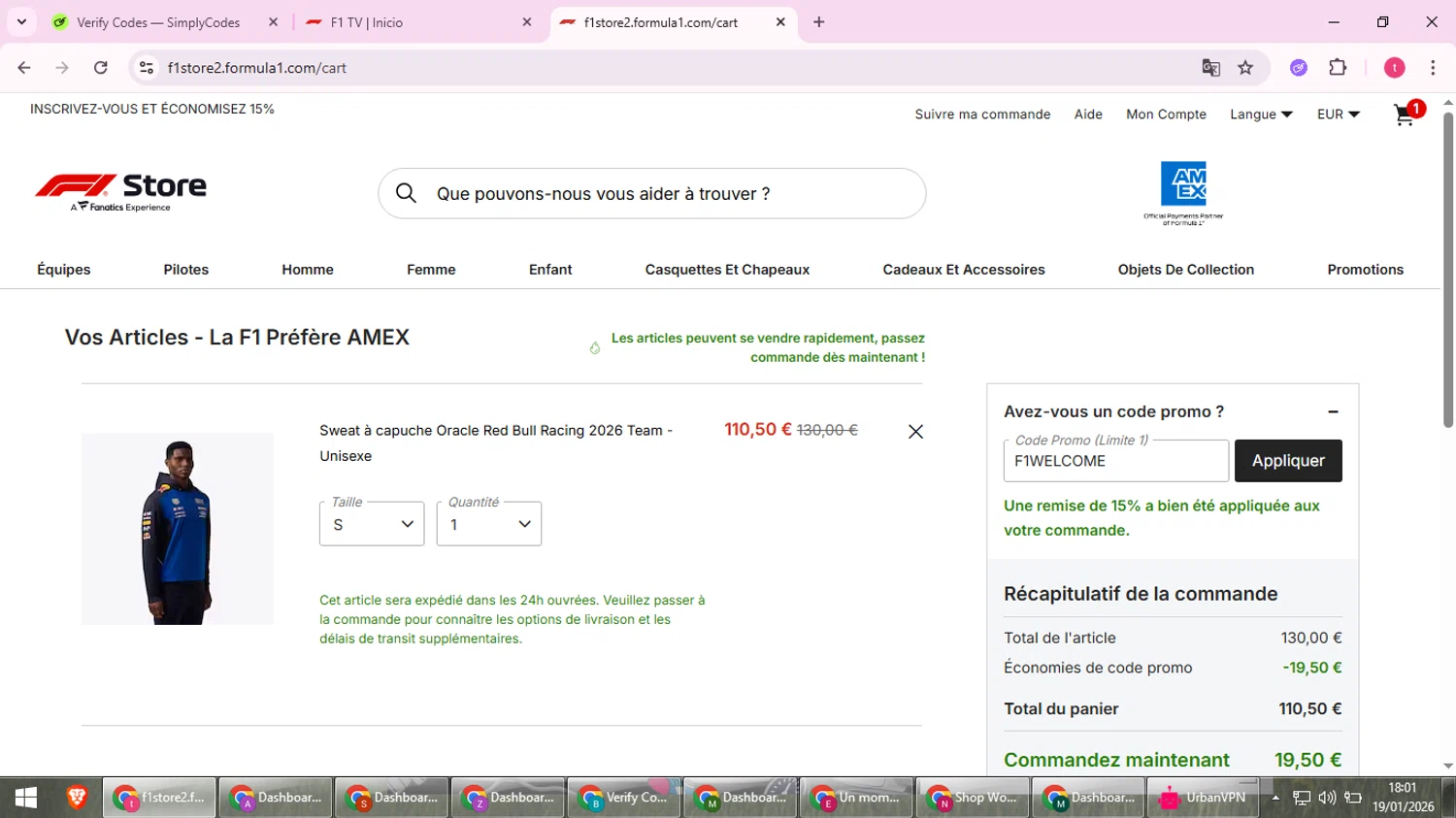 F1 TV checkout page showing F1 TV promo code box | Screenshot taken by SimplyCodes community member on Jan 19, 2026