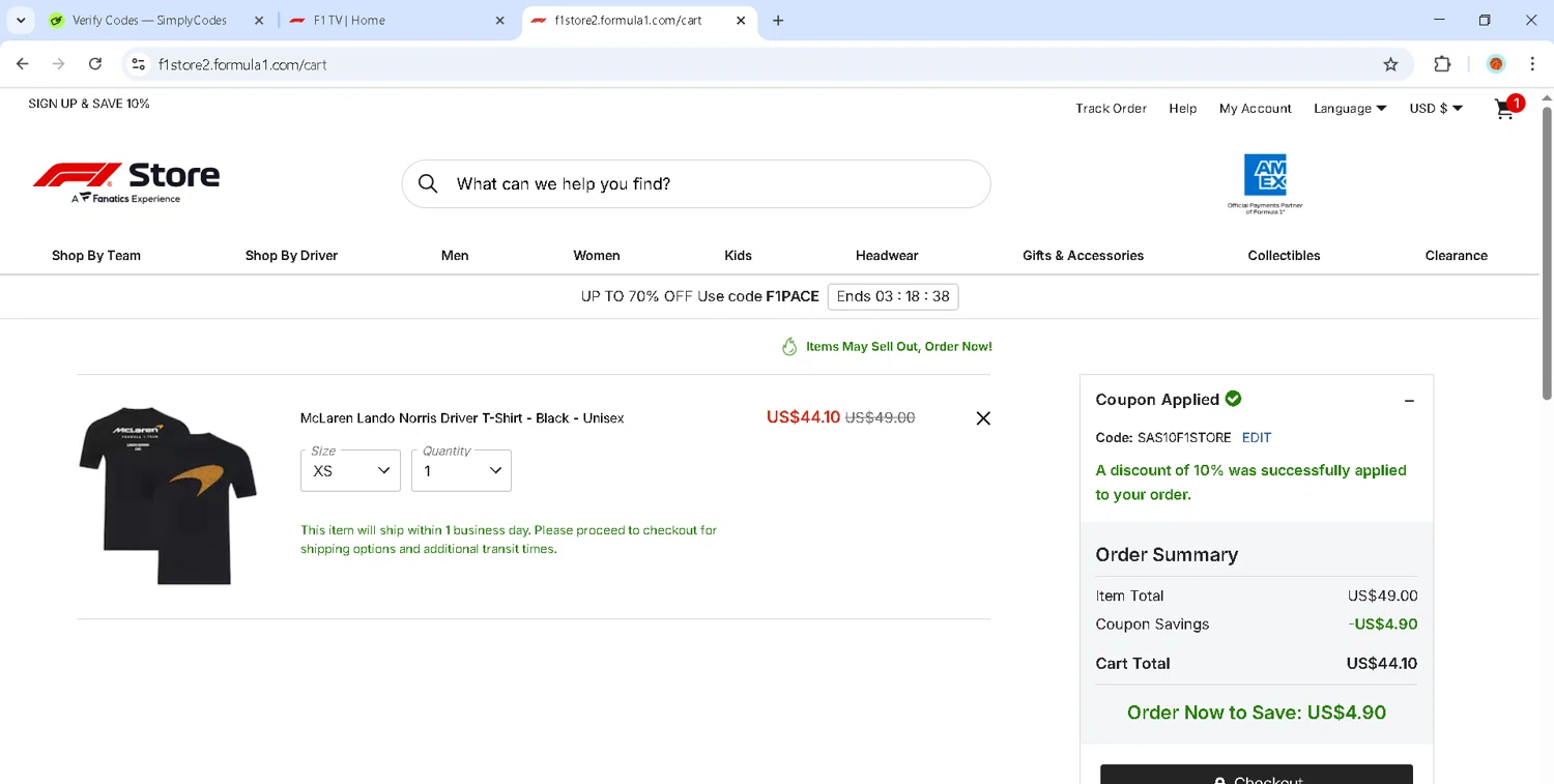 F1 TV promo code screenshot showing code SAS10F1STORE applied at F1 TV checkout page. Uploaded by SimplyCodes community member MadaraUchiha07 on Oct 27, 2025