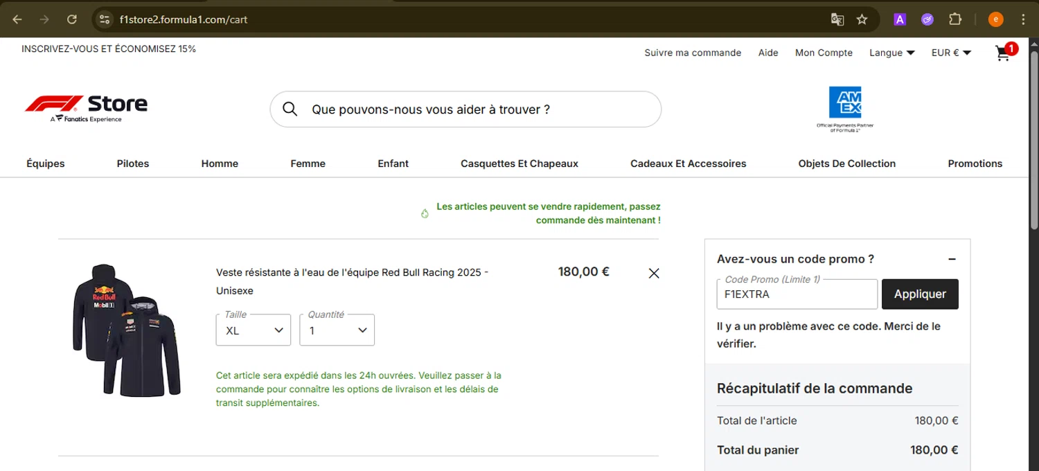 F1 TV promo code screenshot showing code F1EXTRA applied at F1 TV checkout page. Uploaded by SimplyCodes community member NobleElite1598 on Nov 5, 2025