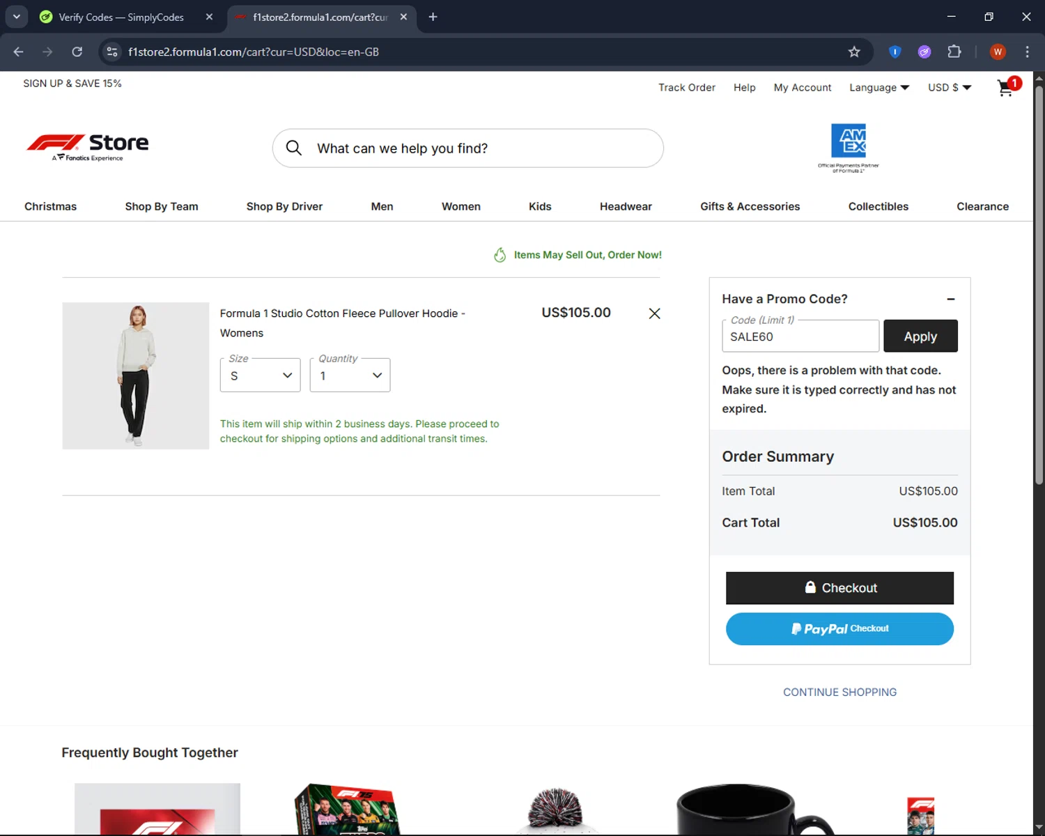 F1 TV promo code screenshot showing code SALE60 applied at F1 TV checkout page. Uploaded by SimplyCodes community member CashPro9699 on Dec 7, 2025