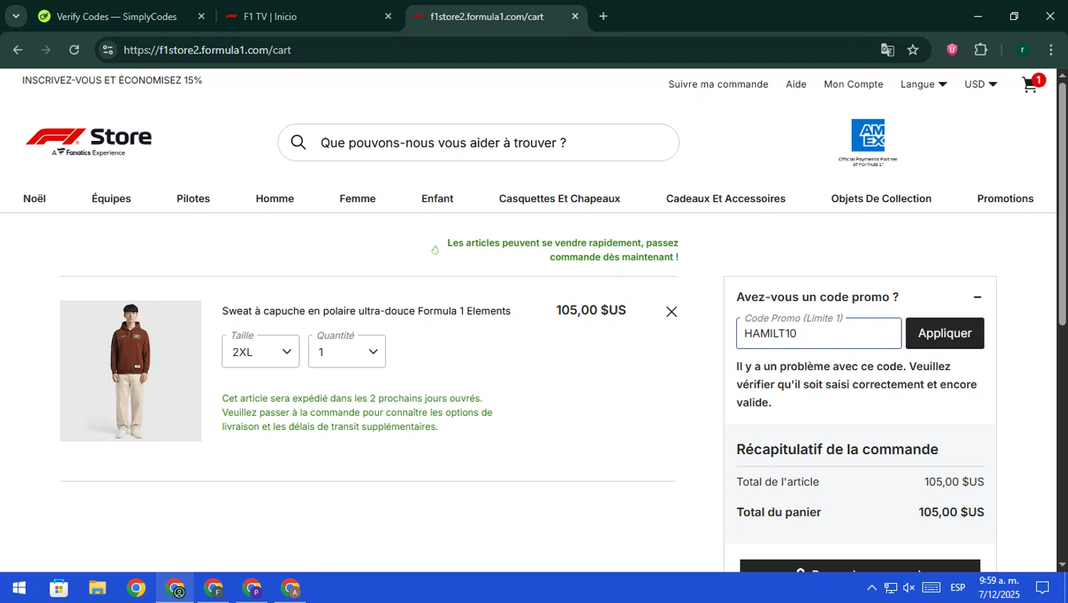 F1 TV promo code screenshot showing code SALE60 applied at F1 TV checkout page. Uploaded by SimplyCodes community member rodri1 on Dec 7, 2025