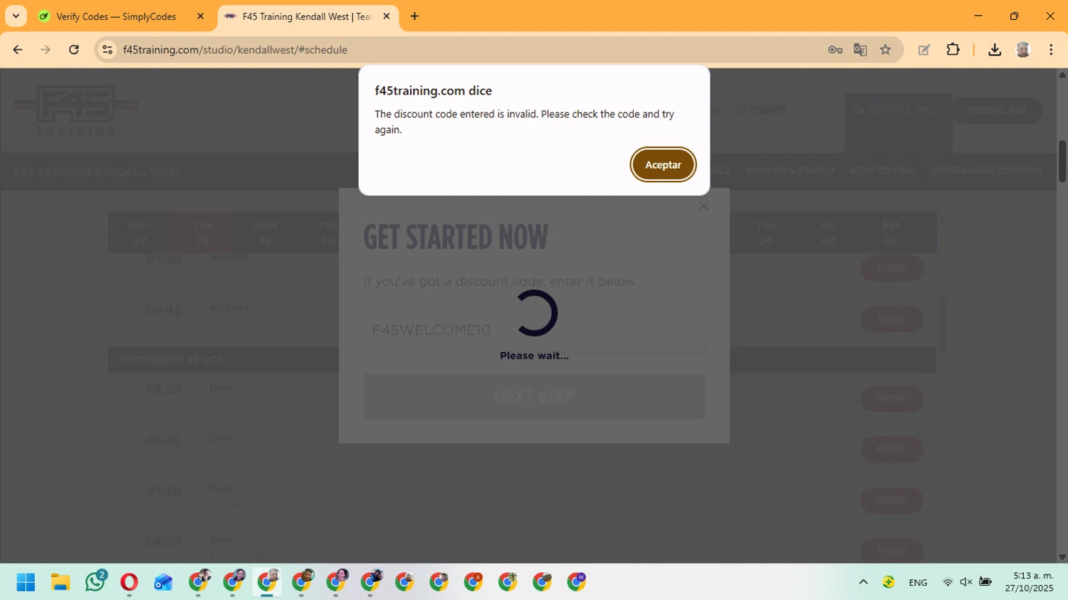 F45 Training promo code screenshot showing code F45WELCOME10 applied at F45 Training checkout page. Uploaded by SimplyCodes community member ManuelF on Oct 27, 2025