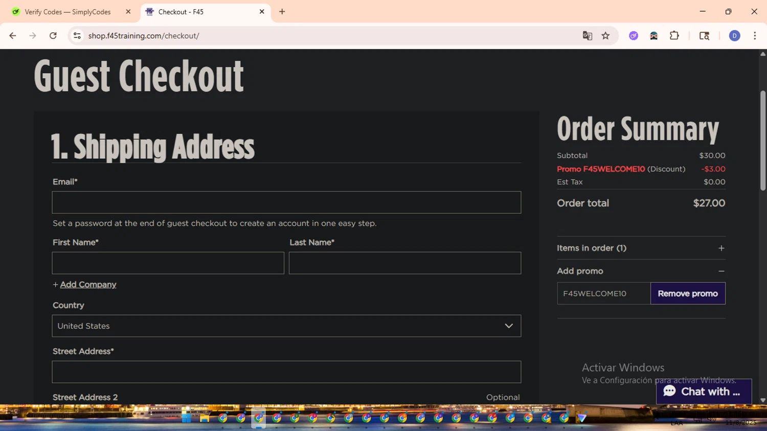 F45 Training promo code screenshot showing code F45WELCOME10 applied at F45 Training checkout page. Uploaded by SimplyCodes community member RewardOwl5959 on Aug 11, 2025