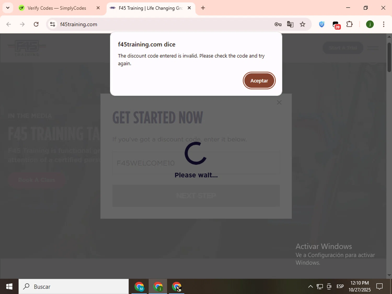 F45 Training promo code screenshot showing code F45WELCOME10 applied at F45 Training checkout page. Uploaded by SimplyCodes community member SavingsCollector2592 on Oct 27, 2025