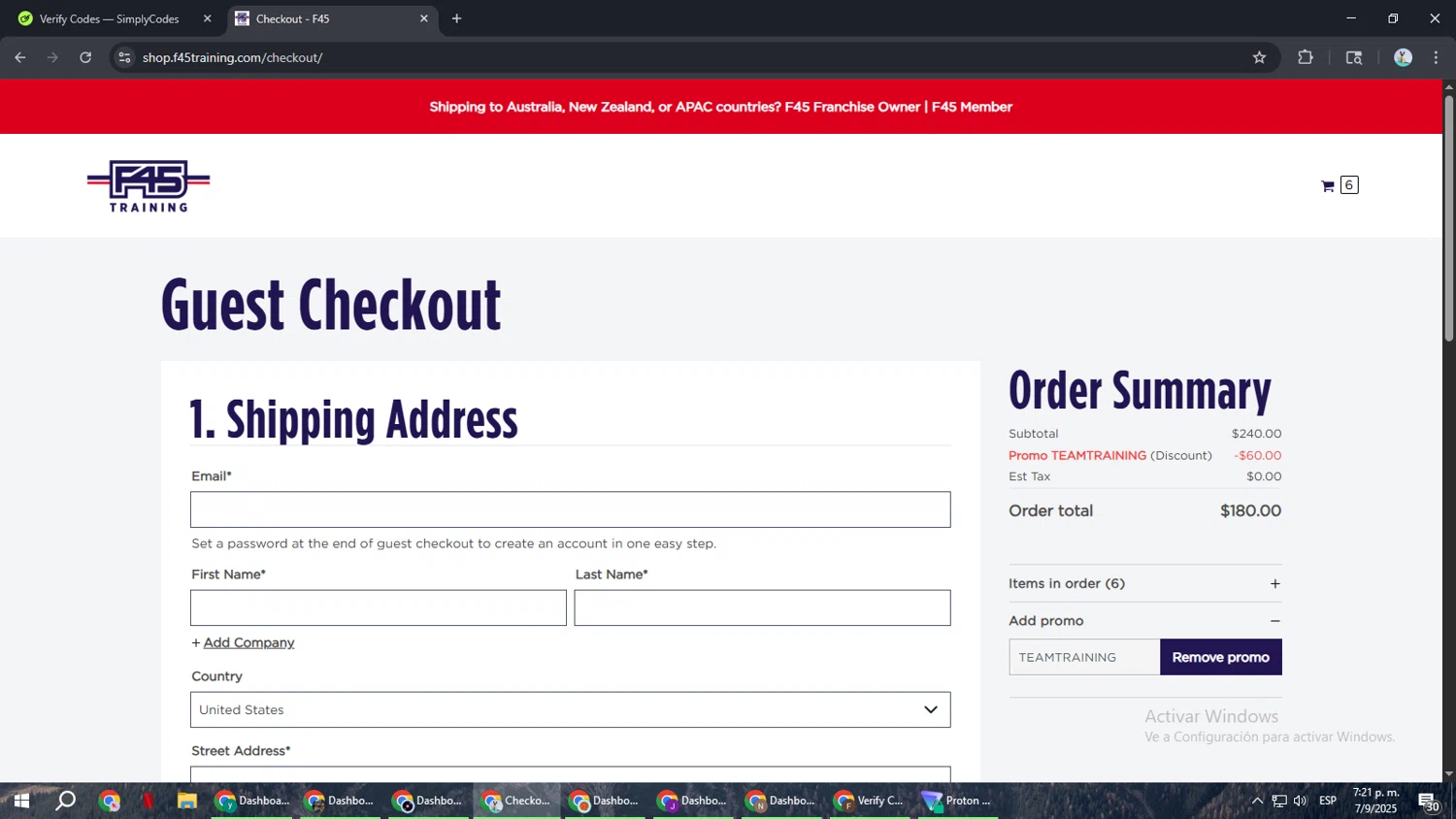 F45 Training checkout page showing F45 Training promo code box | Screenshot taken by SimplyCodes community member on Sep 7, 2025