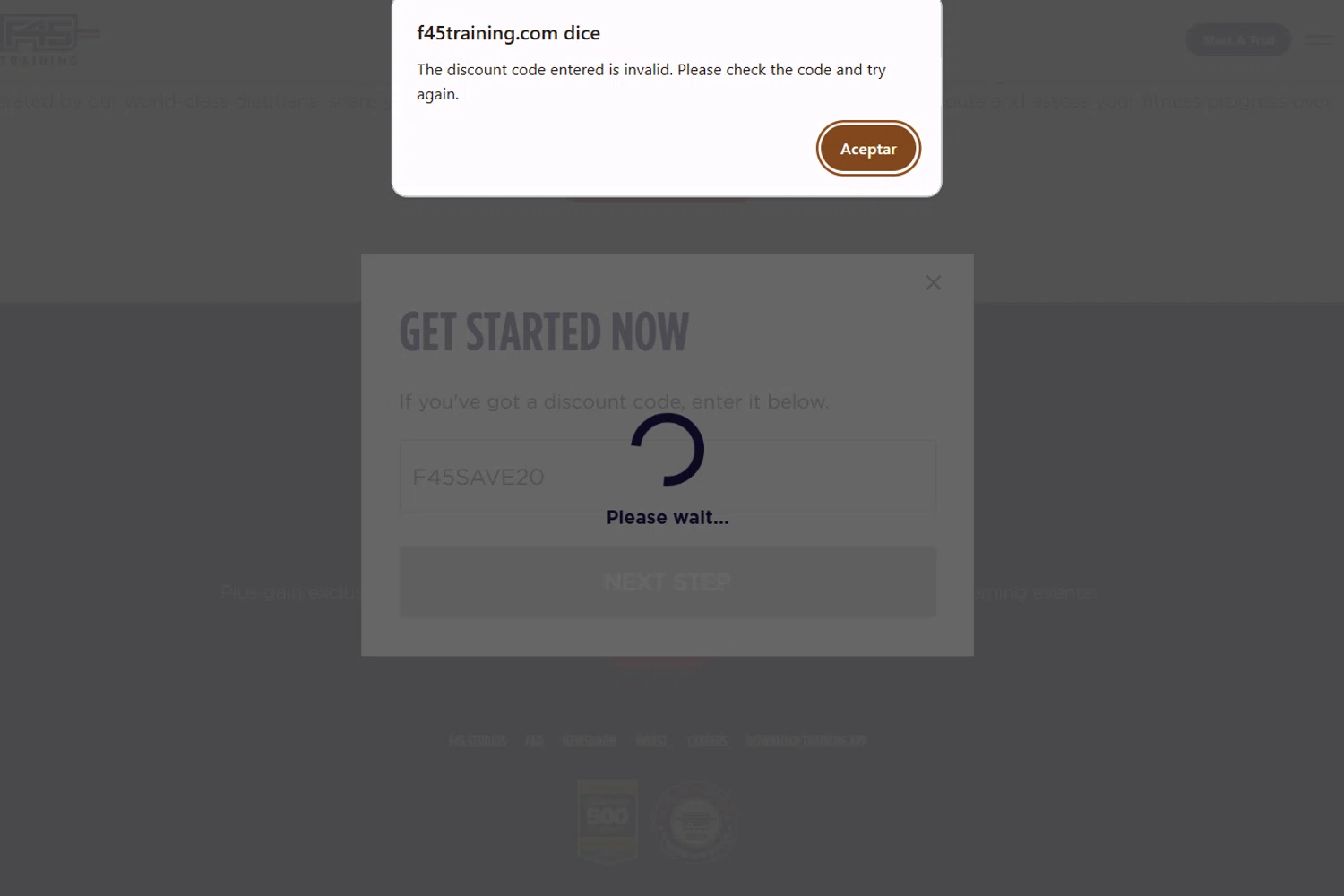 F45 Training promo code screenshot showing code F45SAVE20 applied at F45 Training checkout page. Uploaded by SimplyCodes community member FundoEsperanza on Oct 11, 2025