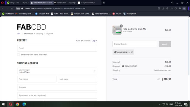 Fab CBD checkout page showing Fab CBD discount code box | Screenshot taken by SimplyCodes community member on May 18, 2024