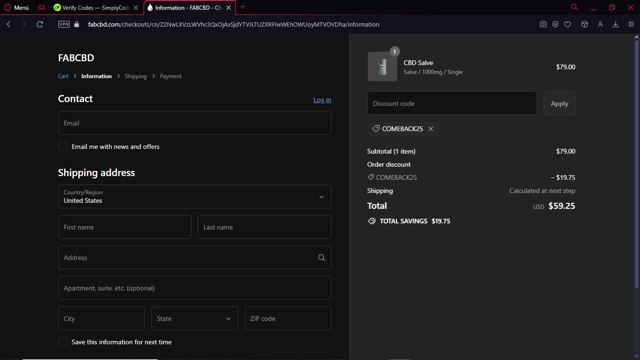 Fab CBD checkout page showing Fab CBD discount code box | Screenshot taken by SimplyCodes community member on Sep 16, 2024
