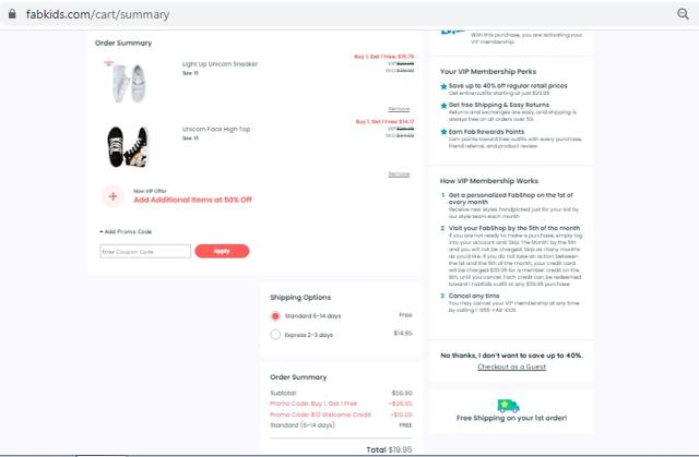 FabKids checkout page showing FabKids promo code box | Screenshot taken by SimplyCodes community member on Feb 22, 2021