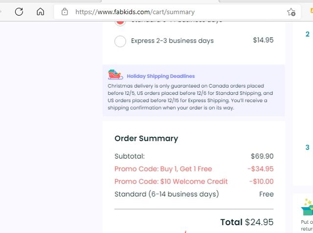 FabKids checkout page showing FabKids promo code box | Screenshot taken by SimplyCodes community member on Dec 17, 2021