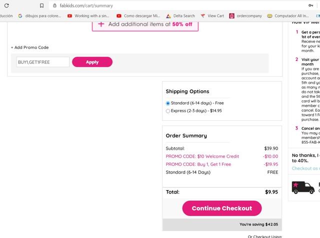 FabKids checkout page showing FabKids promo code box | Screenshot taken by SimplyCodes community member on Nov 28, 2020