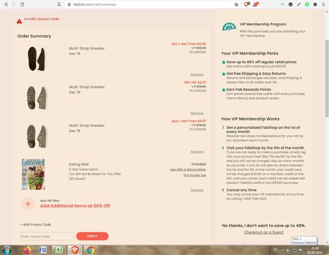 FabKids checkout page showing FabKids promo code box | Screenshot taken by SimplyCodes community member on Mar 1, 2021