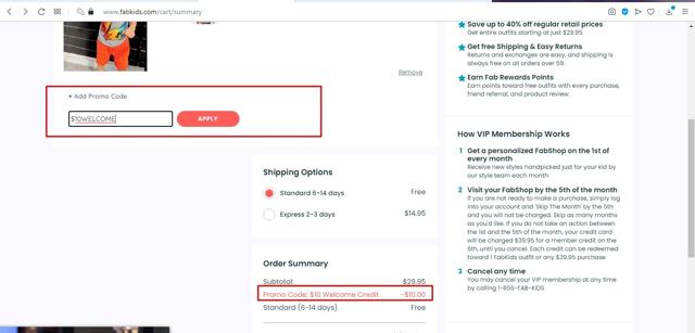 FabKids checkout page showing FabKids promo code box | Screenshot taken by SimplyCodes community member on Apr 15, 2021