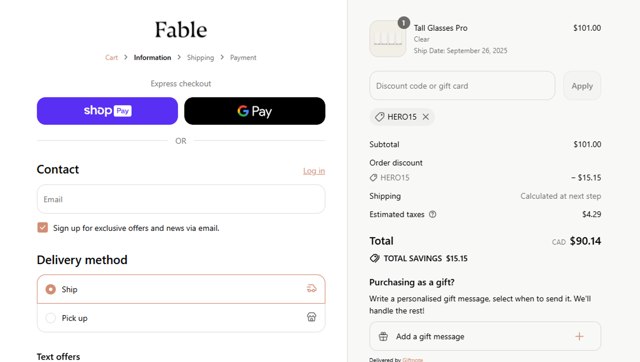 Fable Home checkout page showing Fable Home discount code box | Screenshot taken by SimplyCodes community member on Aug 24, 2025