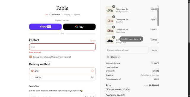 Fable Home checkout page showing Fable Home discount code box | Screenshot taken by SimplyCodes community member on Aug 21, 2025