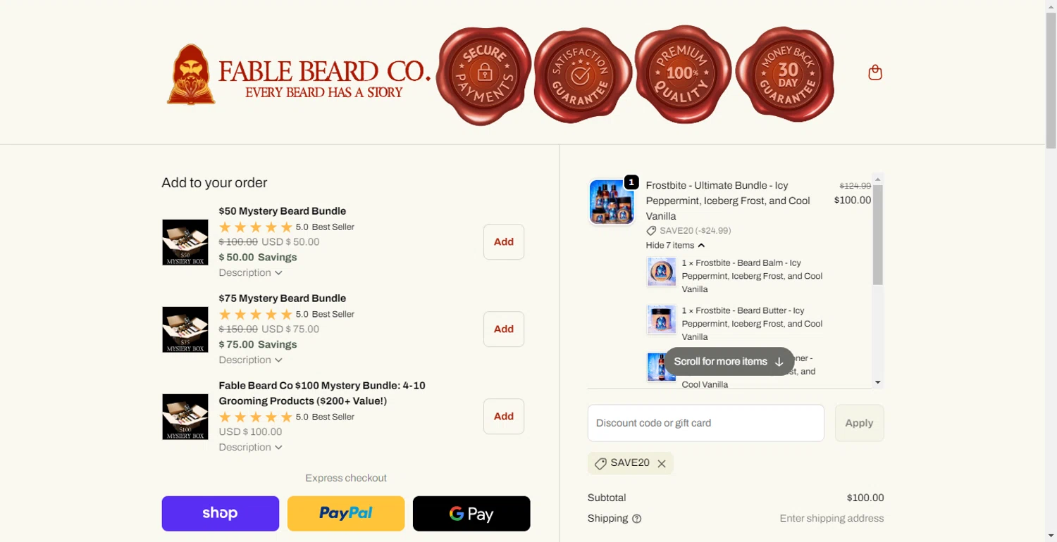 Fable Beard discount code screenshot showing code SAVE20 applied at Fable Beard checkout page. Uploaded by SimplyCodes community member CodeFinder699 on Nov 18, 2025
